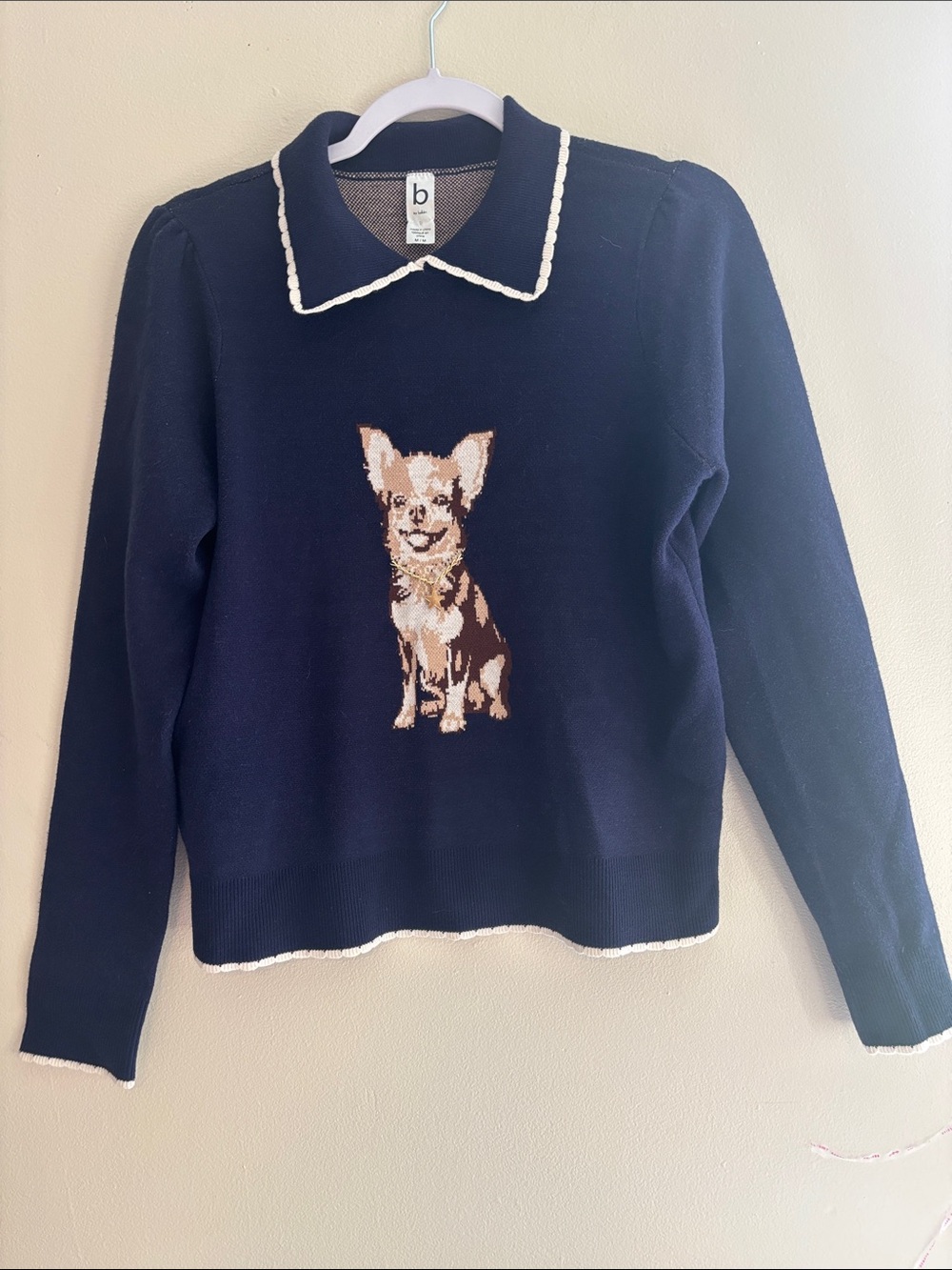 Belldini Navy Crew Sweater with Chihuahua Motif and White Trim